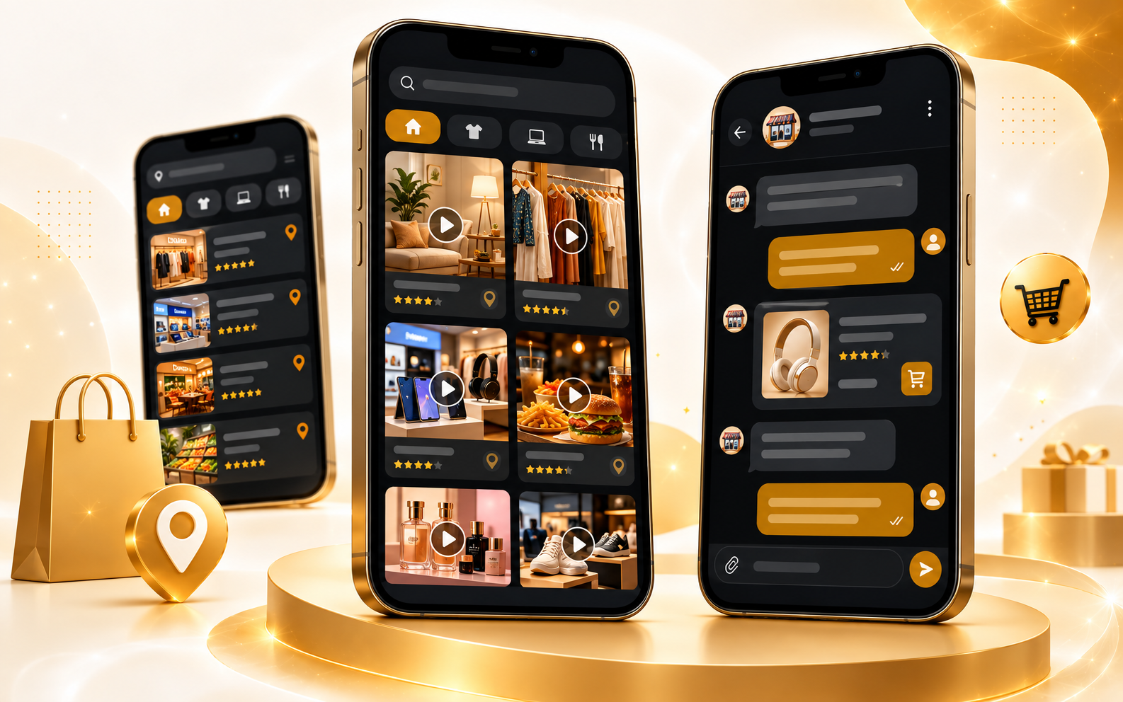SouqGate app showcasing nearby stores, product videos, and customer chat