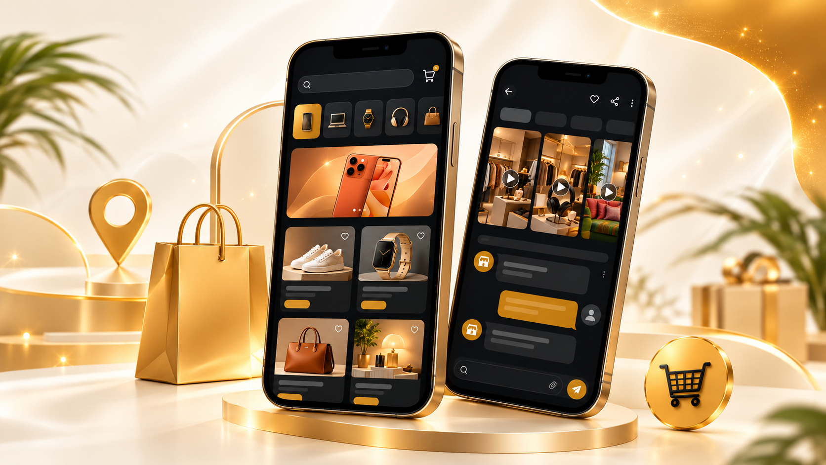 Two SouqGate marketplace app screens with local products, store videos, and chat